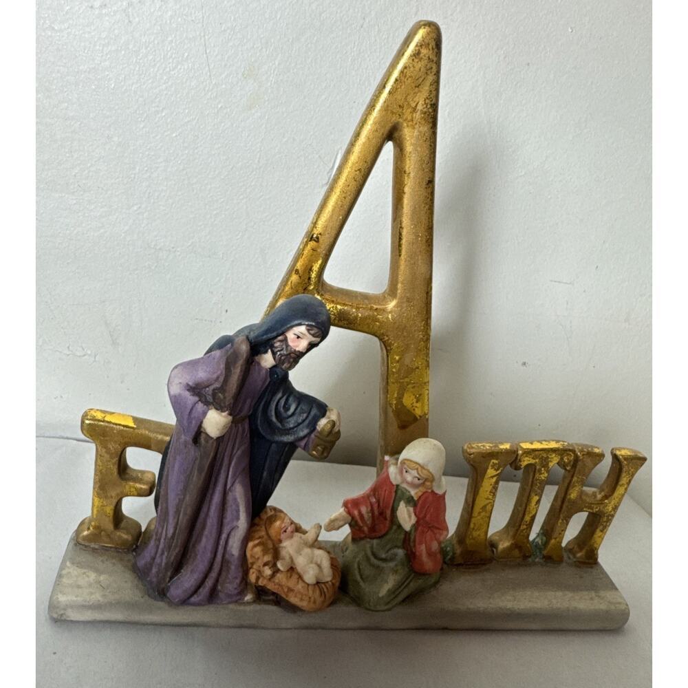 3D NATIVITY SCENE CERAMIC PLAQUE WORD "FAITH" VIRGIN MARY JOSEPH JESUS 7’